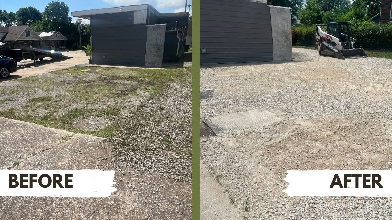 Before and after side-by-side of the gravel access lane renovation at Independent Tire Co. in Cape Girardeau, MO, with Bobcat T66 and trailer on site.