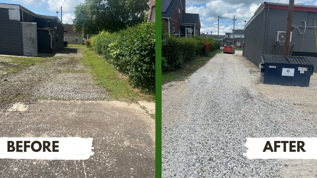 Before and after side-by-side of the alley gravel renovation behind Independent Tire Co. in Cape Girardeau, MO.