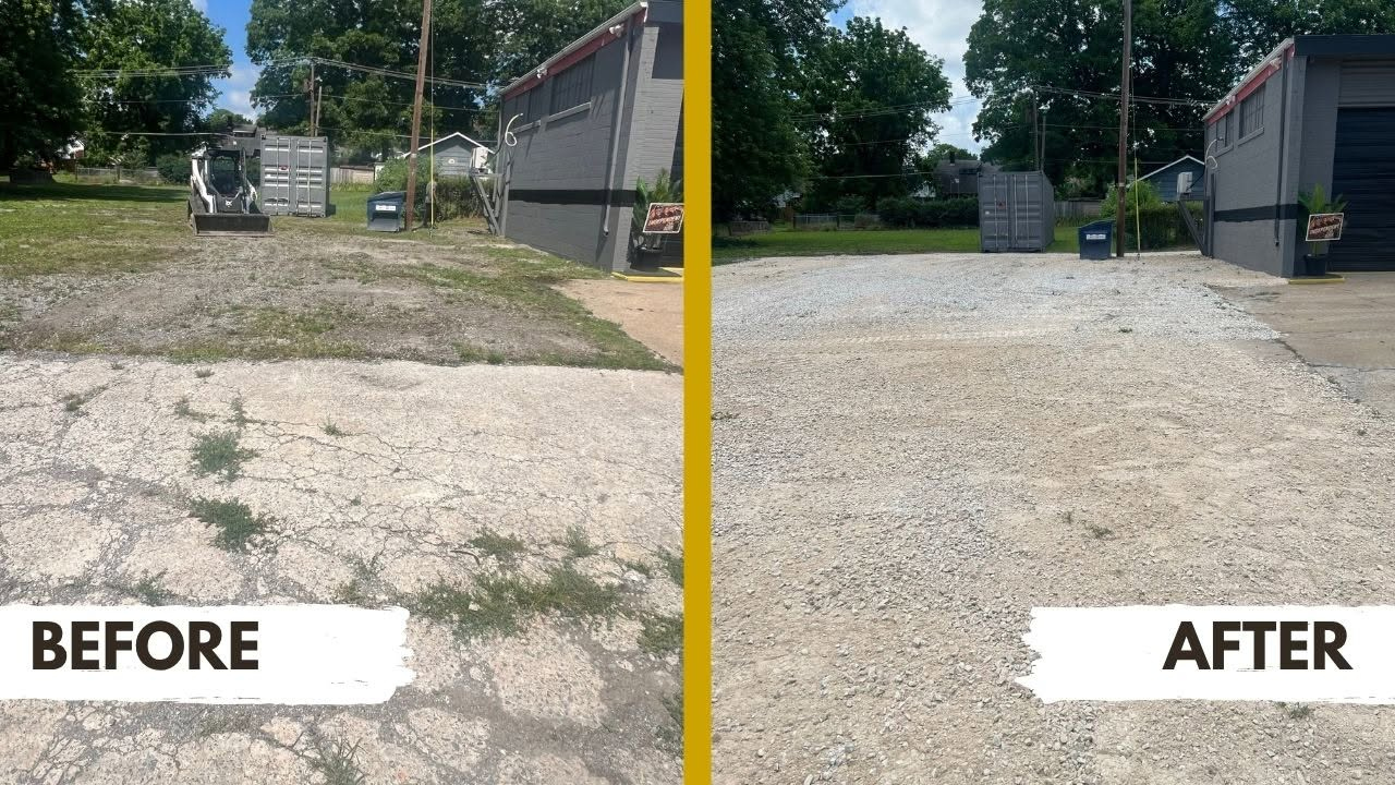 Before and after side-by-side of the main commercial gravel lot renovation at Independent Tire Co., Cape Girardeau, MO, with Bobcat skid steer on site.